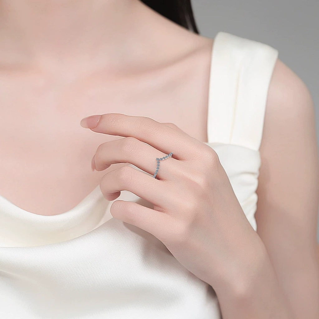 Chevron Moissanite Band Ring worn on hand to show scale, band width, and ring profile