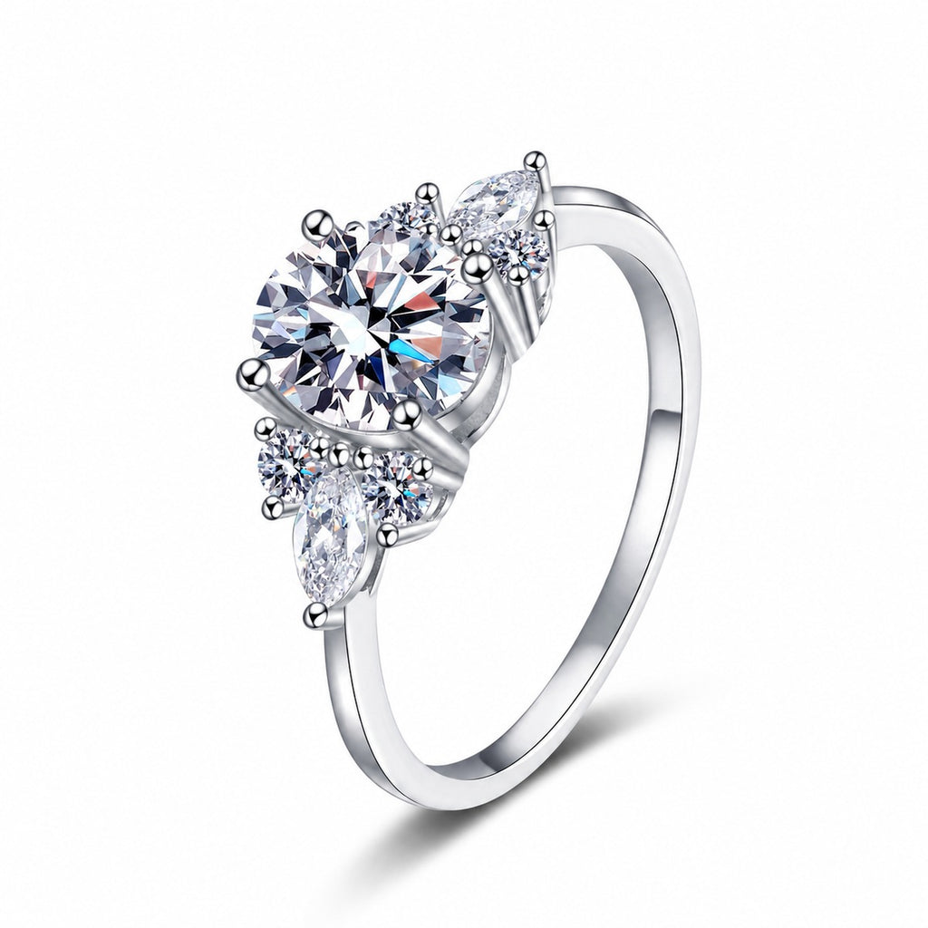 Oval Moissanite Engagement Ring with CZ in rhodium-plated S925 sterling silver on clean white background