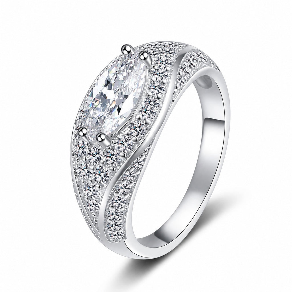 Marquise Moissanite Statement Ring with CZ in rhodium-plated S925 sterling silver on clean white background