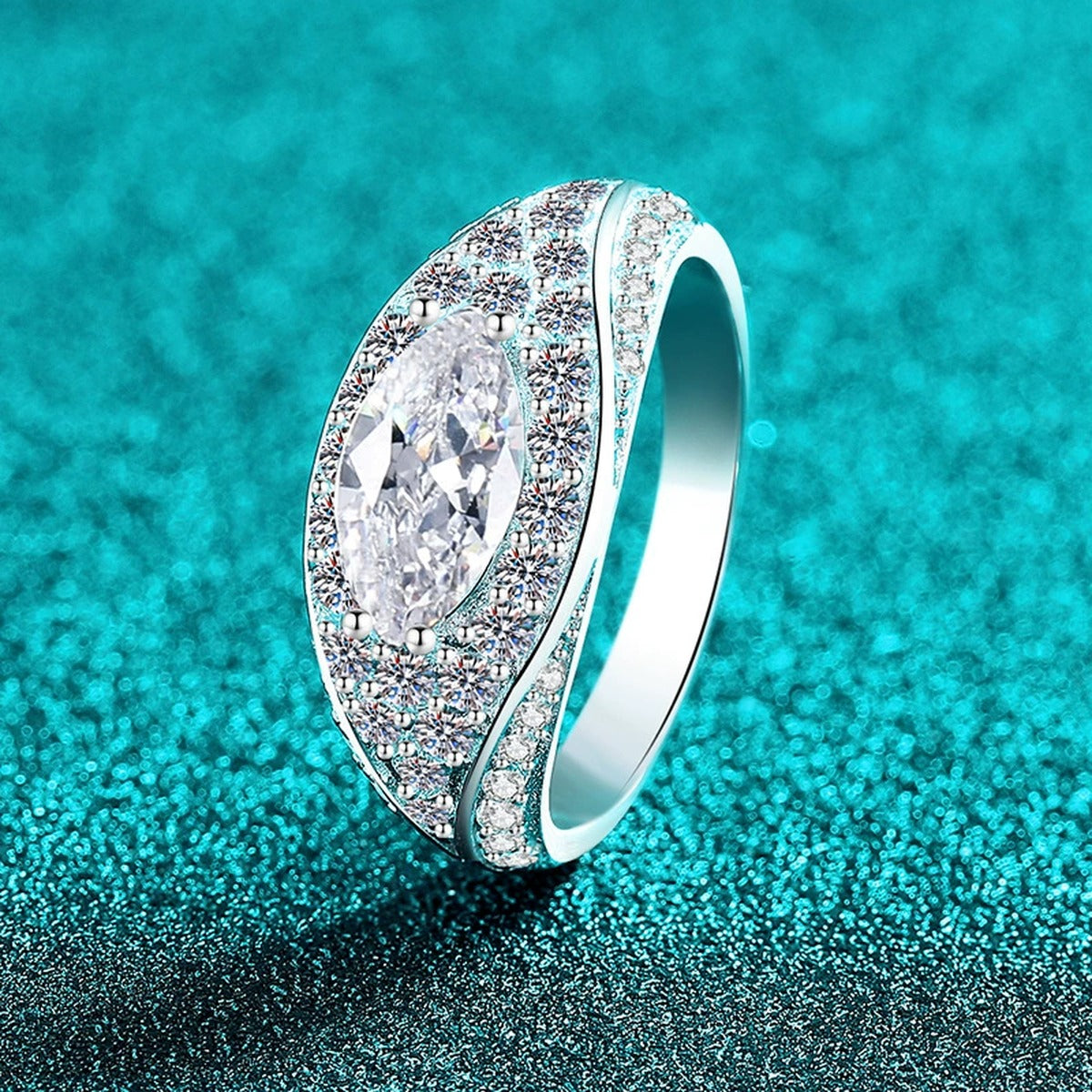 Marquise Moissanite Statement Ring with CZ product view showing moissanite setting and metal finish