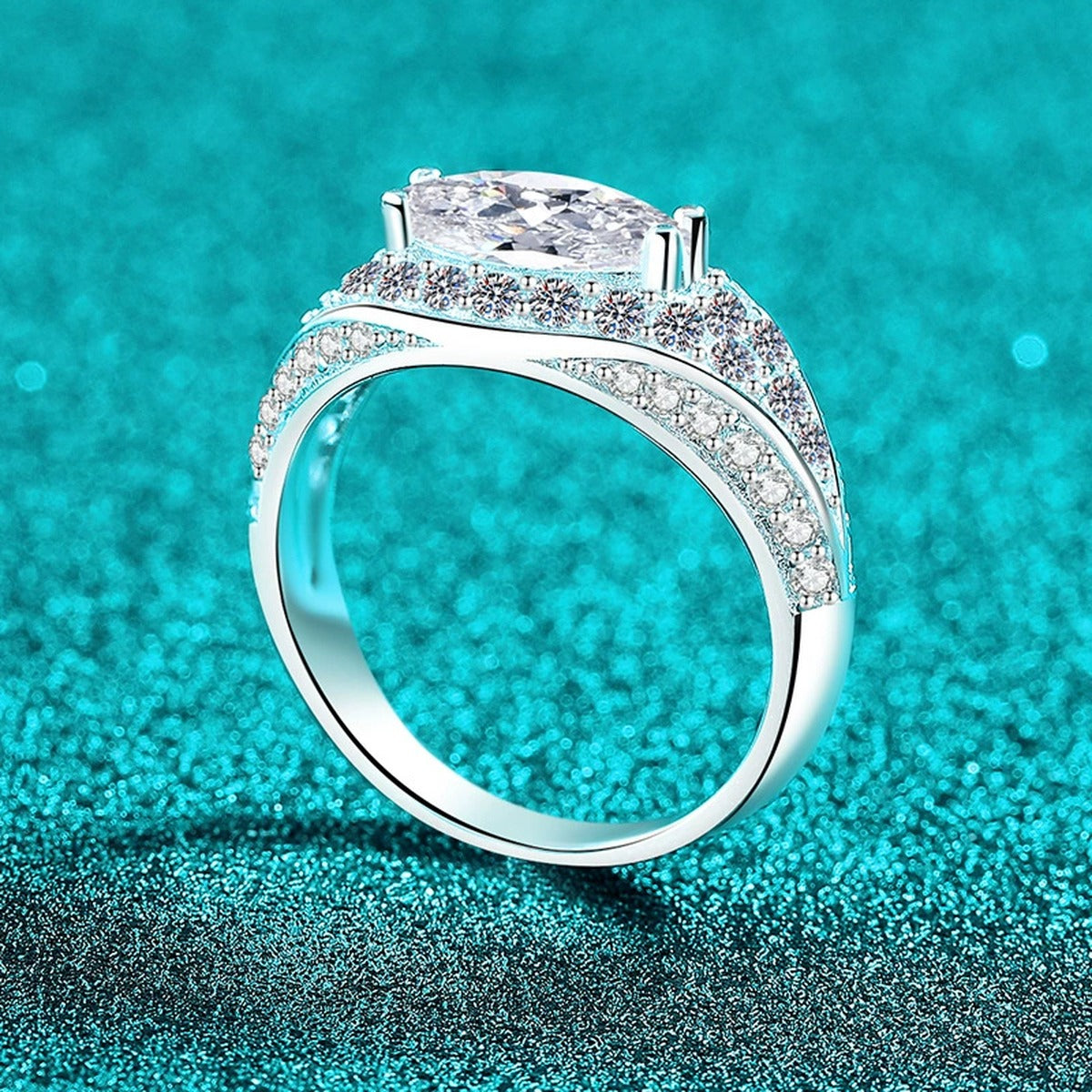 Marquise Moissanite Statement Ring with CZ product view showing moissanite setting and metal finish