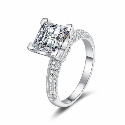 Princess Cut Moissanite Ring with CZ in rhodium-plated S925 sterling silver on clean white background