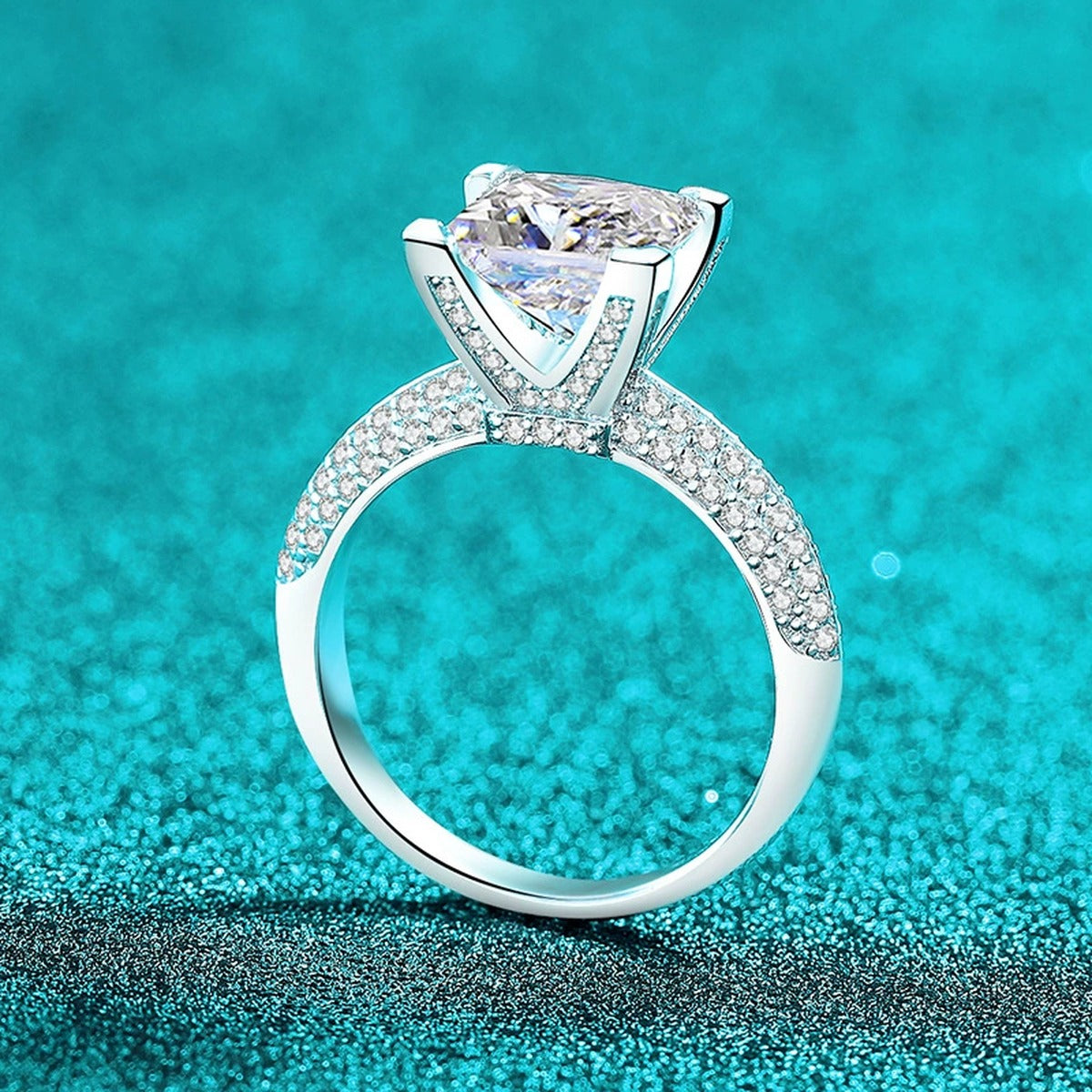 Princess Cut Moissanite Ring with CZ product view showing moissanite setting and metal finish