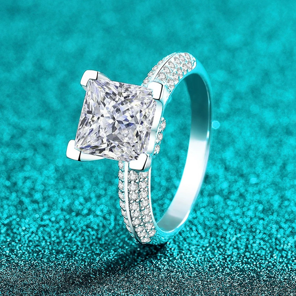 Princess Cut Moissanite Ring with CZ product view showing moissanite setting and metal finish