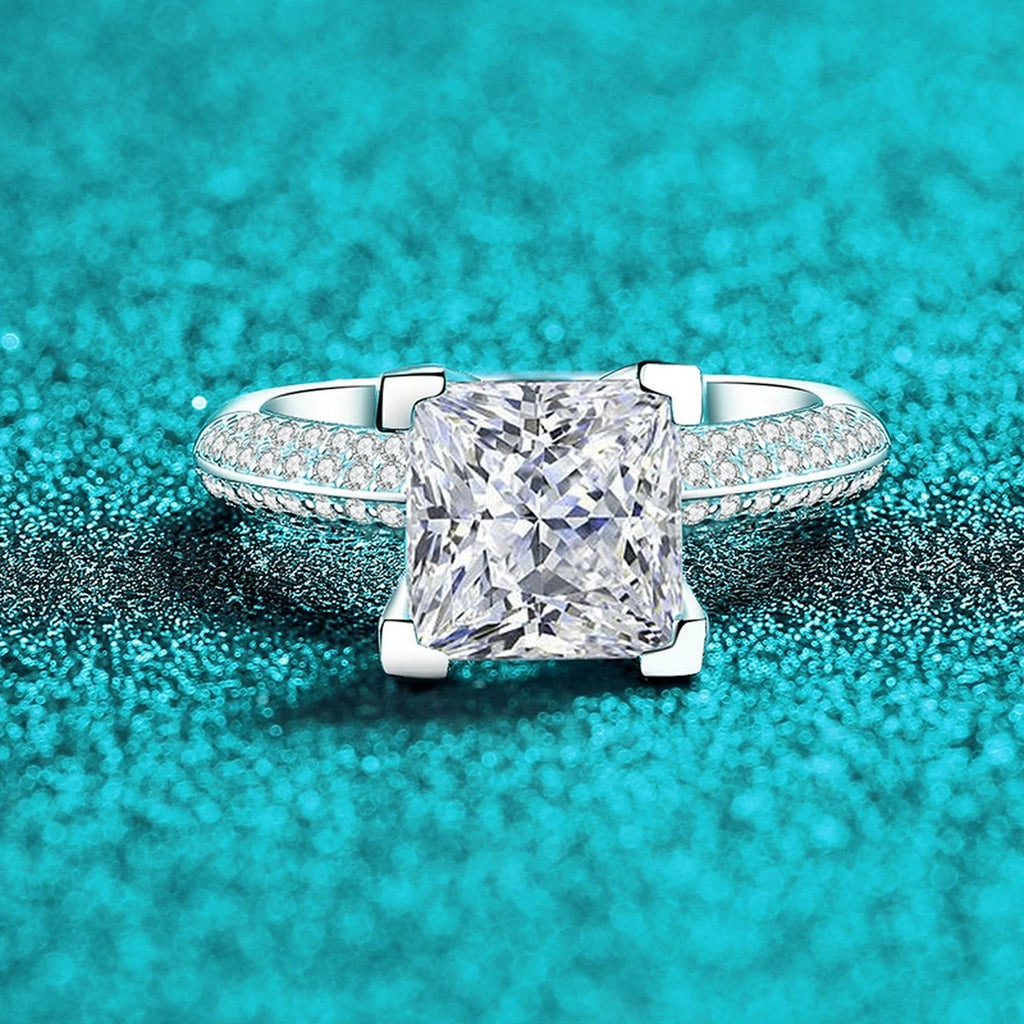 Princess Cut Moissanite Ring with CZ product view showing moissanite setting and metal finish