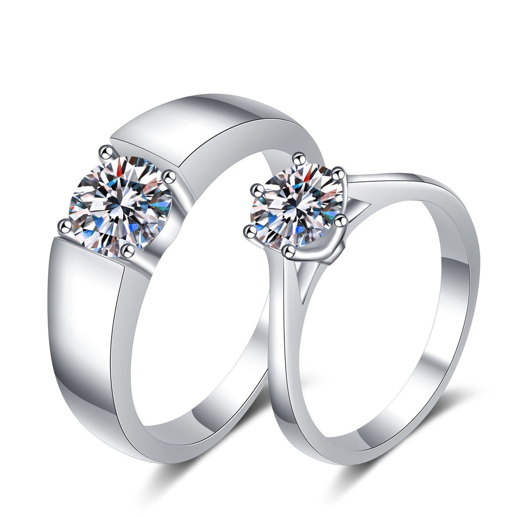 Couples Moissanite Ring Set in Rhodium-Plated S925 Sterling Silver clean white background product photo showing the ring silhouette and moissanite setting