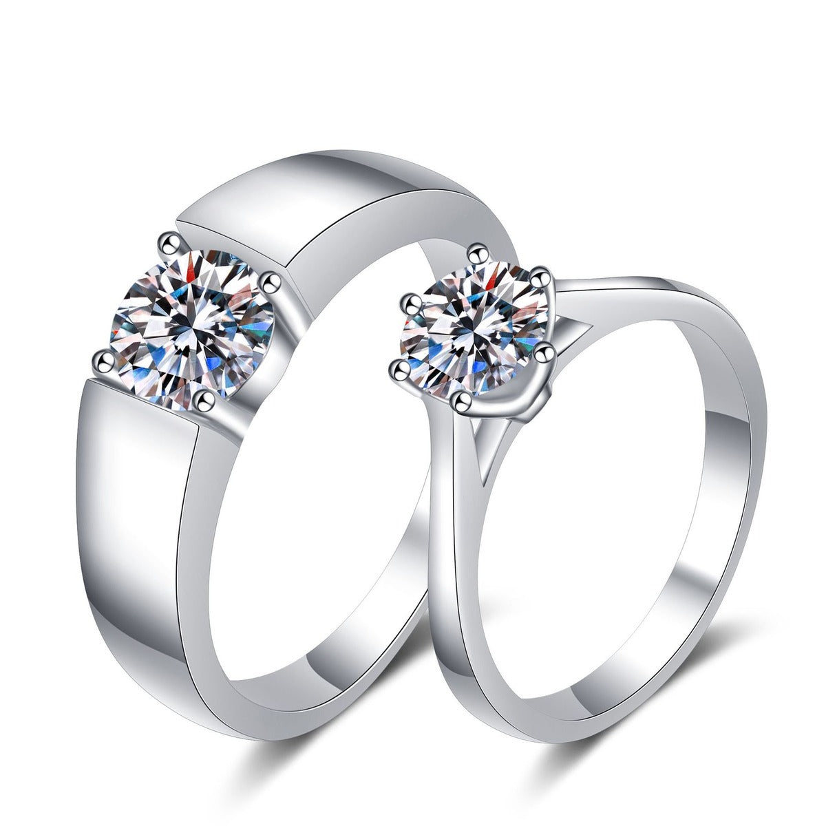 Couples Moissanite Ring Set in Rhodium-Plated S925 Sterling Silver clean white background product photo showing the ring silhouette and moissanite setting