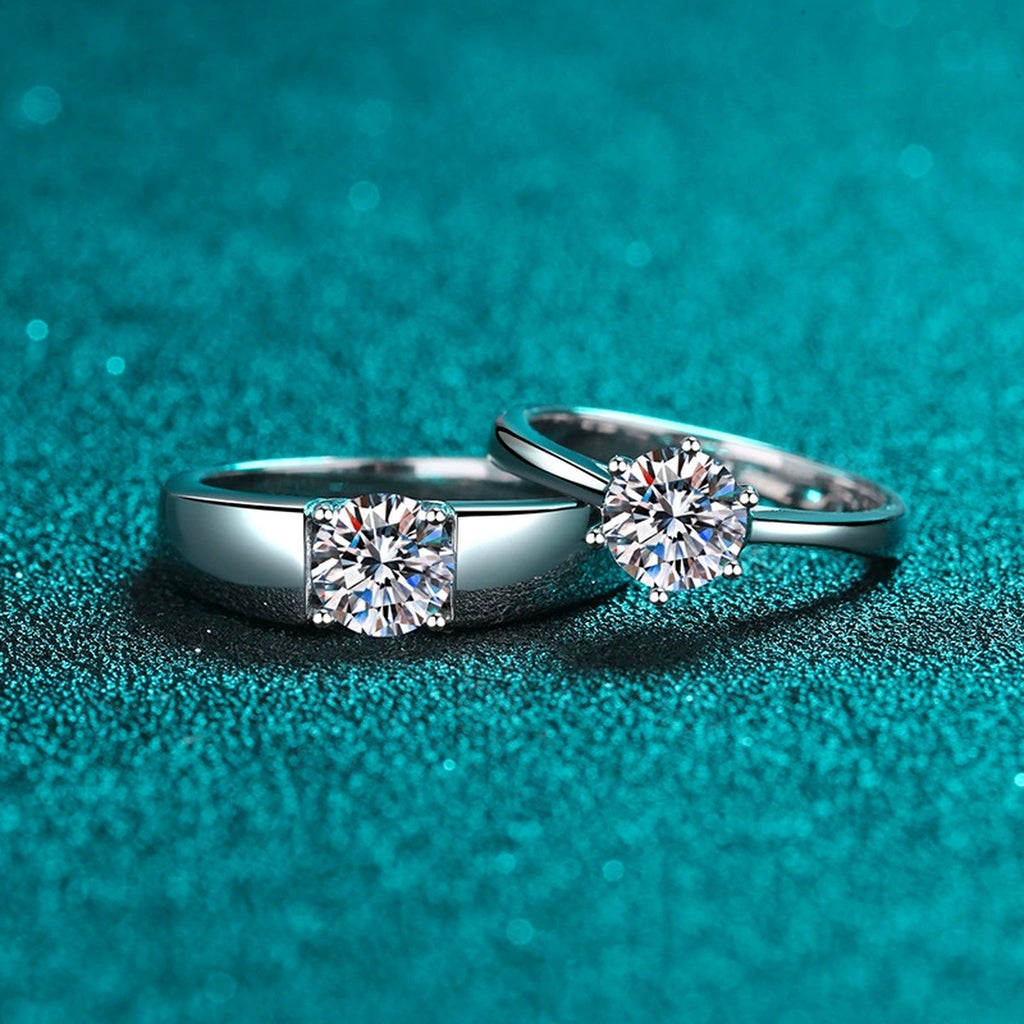 Couples Moissanite Ring Set in Rhodium-Plated S925 Sterling Silver blue display product photo showing the moissanite setting and band profile