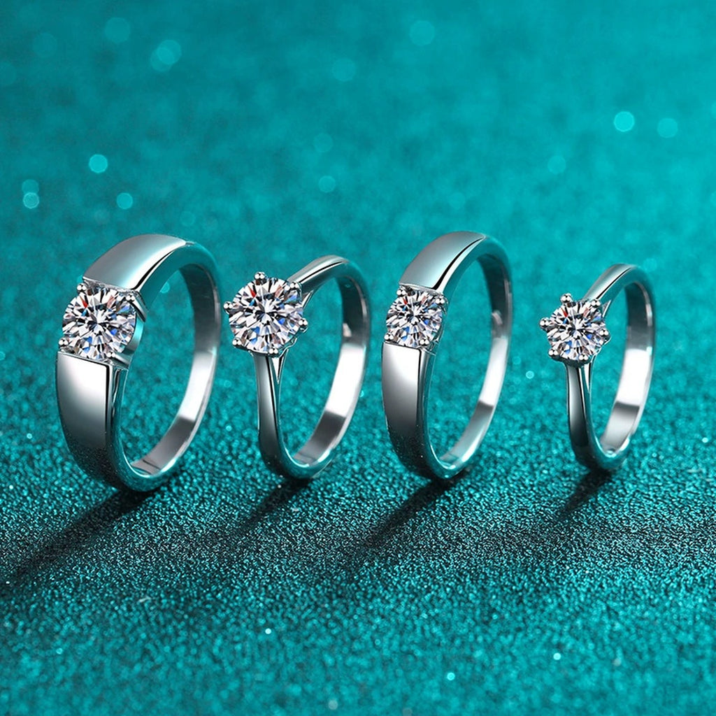 Couples Moissanite Ring Set in Rhodium-Plated S925 Sterling Silver blue display product photo showing the moissanite setting and band profile