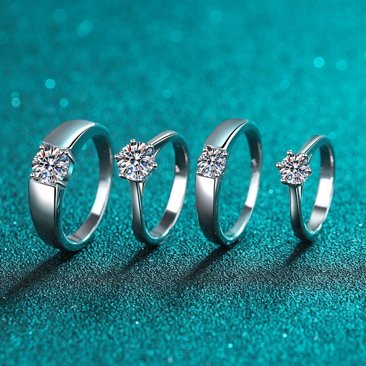 Couples Moissanite Ring Set in Rhodium-Plated S925 Sterling Silver blue display product photo showing the moissanite setting and band profile
