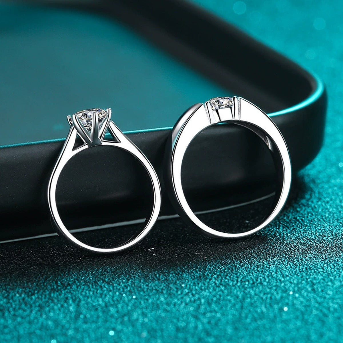 Couples Moissanite Ring Set in Rhodium-Plated S925 Sterling Silver blue display product photo showing the moissanite setting and band profile