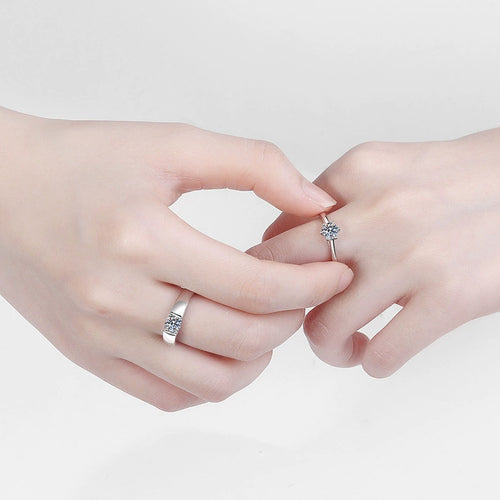 Couples Moissanite Ring Set in Rhodium-Plated S925 Sterling Silver worn on hand, showing scale, finger coverage, and rhodium-plated finish