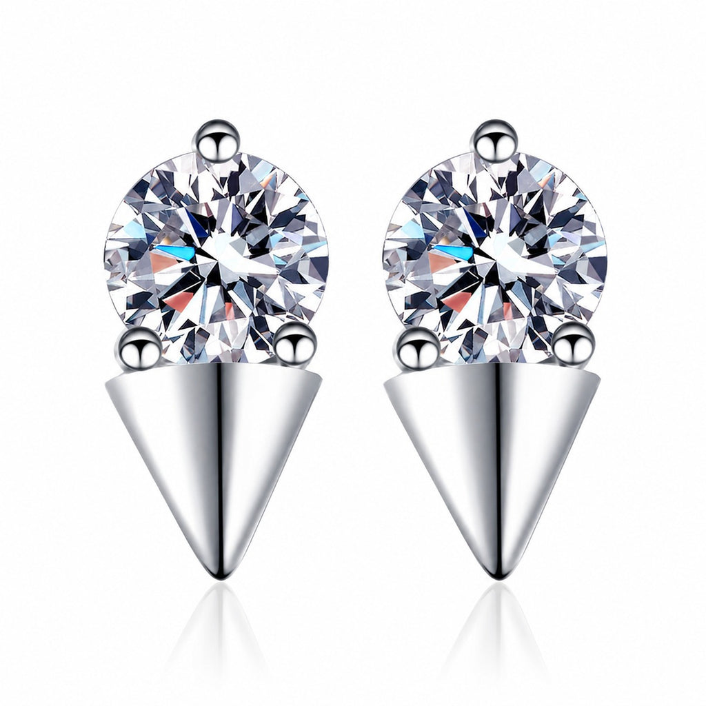 Round Moissanite Stud Earrings in Rhodium-Plated S925 sterling silver white background product photo showing the pair, stone shape, and stud earrings silhouette