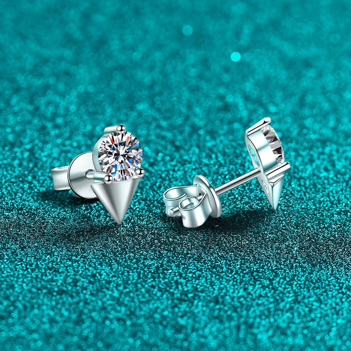 Round Moissanite Stud Earrings in Rhodium-Plated S925 sterling silver product scene view showing front sparkle