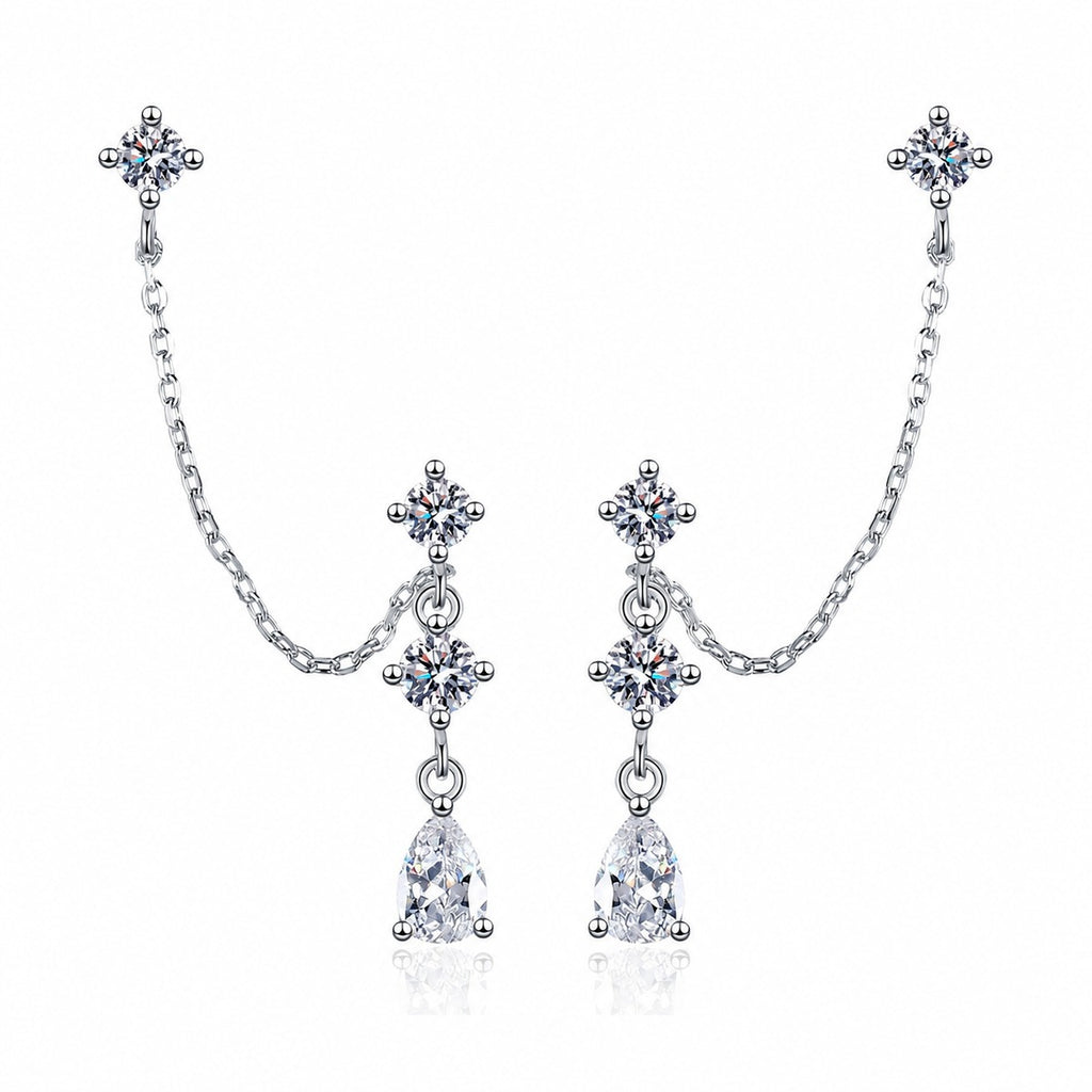 Star Moissanite Stud Dangle Earrings in Rhodium-Plated S925 sterling silver white background product photo showing the pair, stone shape, and stud dangle earrings silhouette
