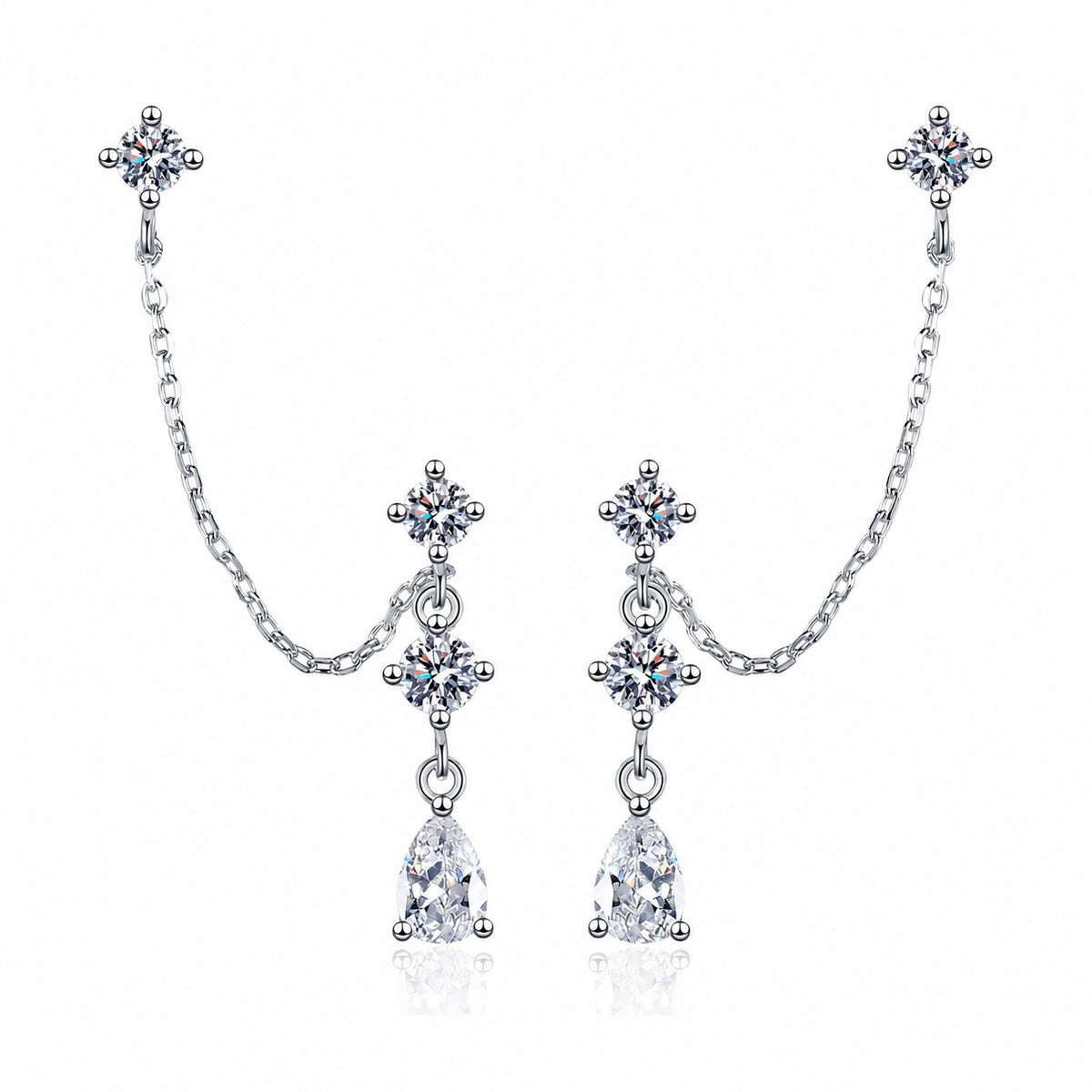 Star Moissanite Stud Dangle Earrings in Rhodium-Plated S925 sterling silver white background product photo showing the pair, stone shape, and stud dangle earrings silhouette