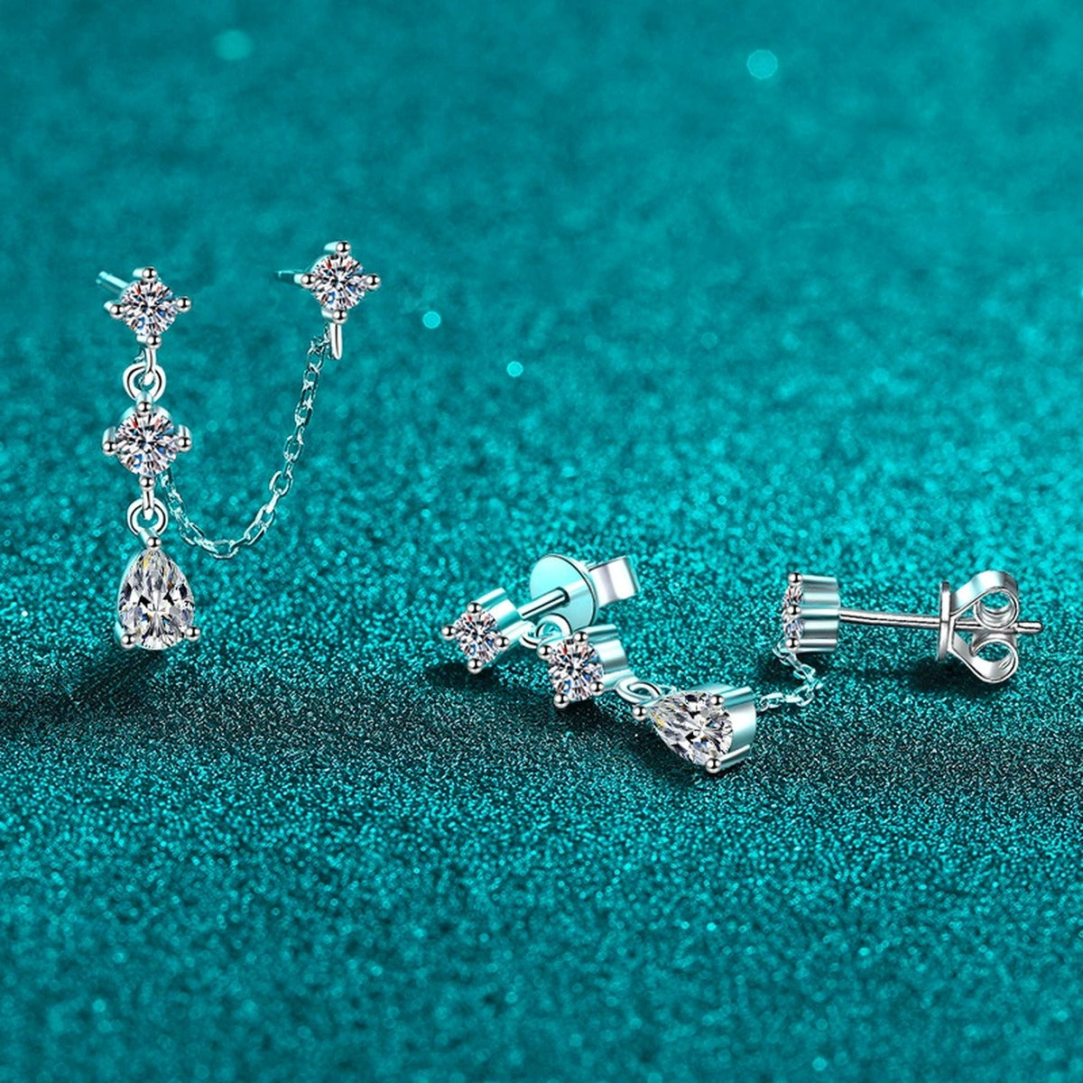 Star Moissanite Stud Dangle Earrings in Rhodium-Plated S925 sterling silver product scene view showing front sparkle