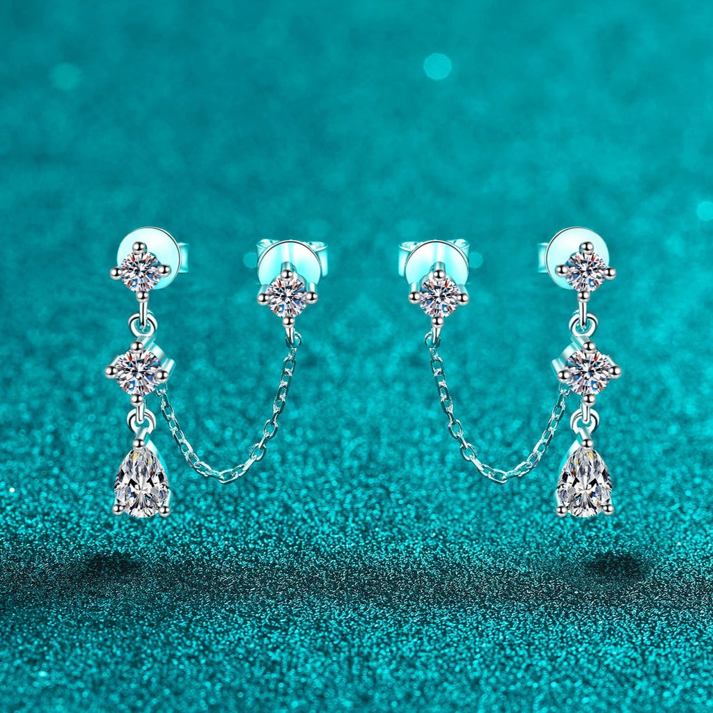 Star Moissanite Stud Dangle Earrings in Rhodium-Plated S925 sterling silver product scene view showing angled setting detail