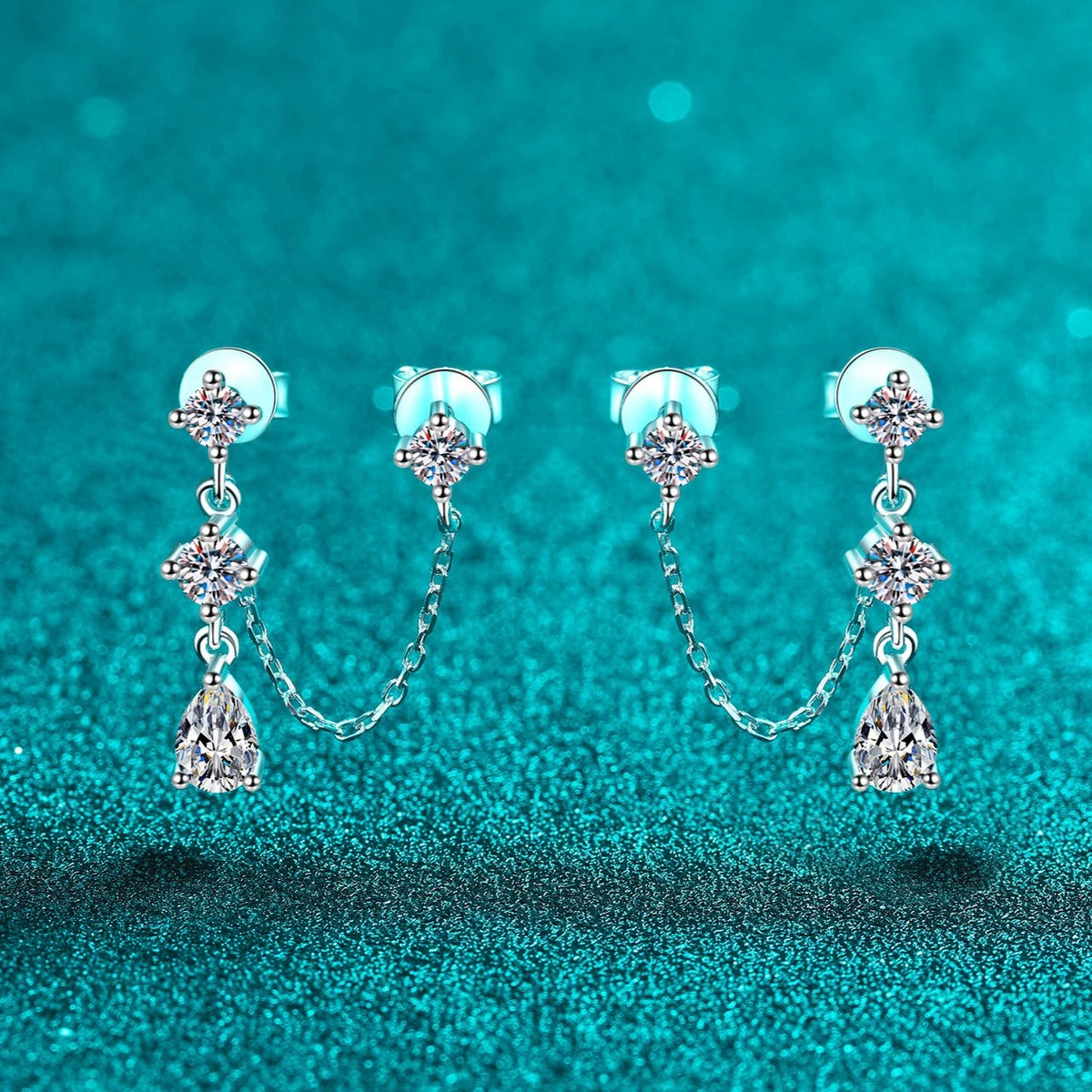 Star Moissanite Stud Dangle Earrings in Rhodium-Plated S925 sterling silver product scene view showing angled setting detail