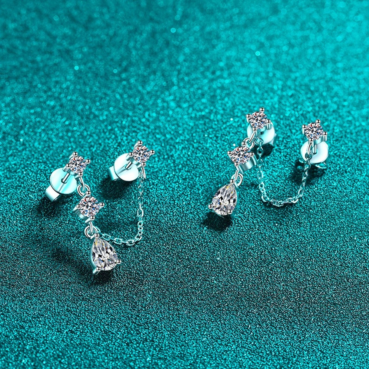 Star Moissanite Stud Dangle Earrings in Rhodium-Plated S925 sterling silver product scene view showing side profile