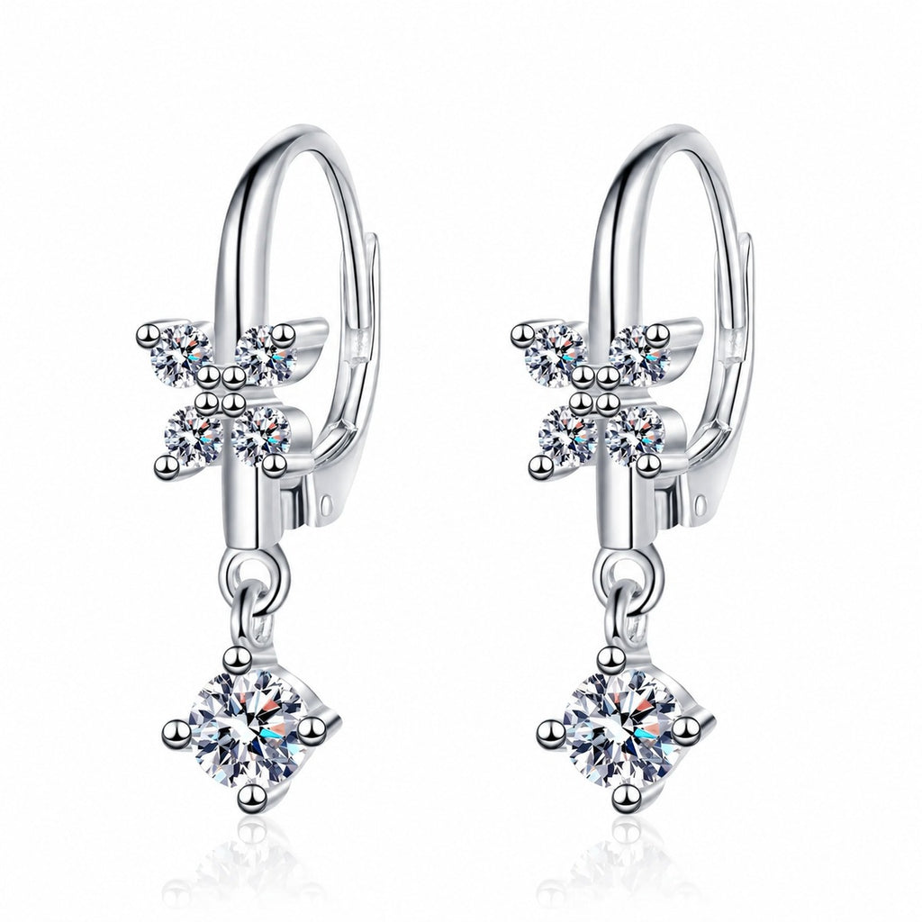 Star Moissanite Hook Dangle Earrings in Rhodium-Plated S925 sterling silver white background product photo showing the pair, stone shape, and hook dangle earrings silhouette
