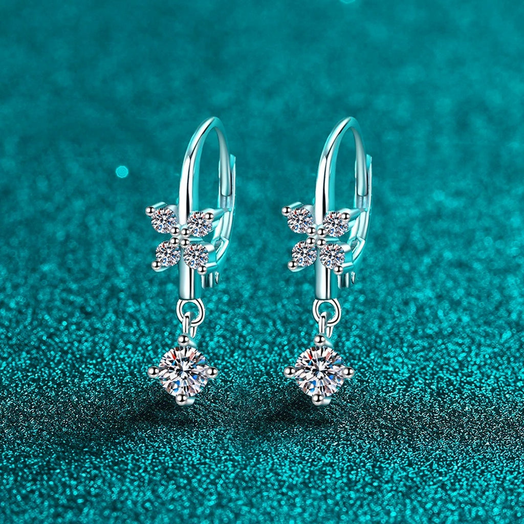 Star Moissanite Hook Dangle Earrings in Rhodium-Plated S925 sterling silver product scene view showing front sparkle
