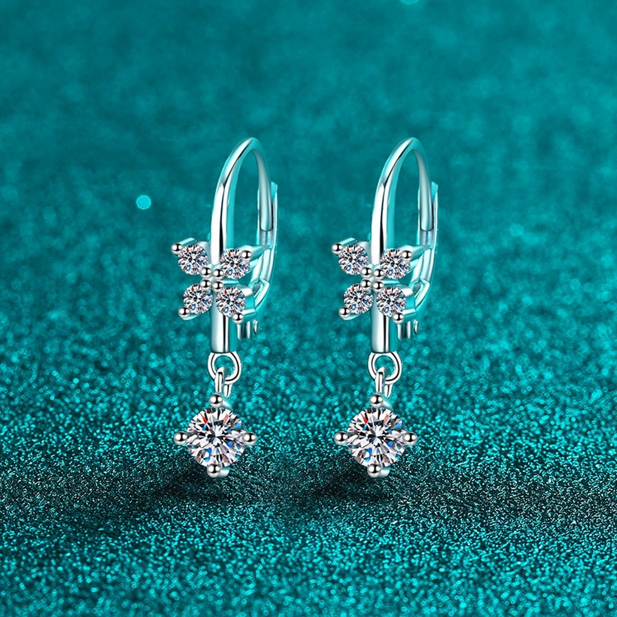 Star Moissanite Hook Dangle Earrings in Rhodium-Plated S925 sterling silver product scene view showing front sparkle
