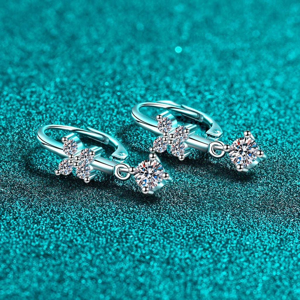 Star Moissanite Hook Dangle Earrings in Rhodium-Plated S925 sterling silver product scene view showing angled setting detail