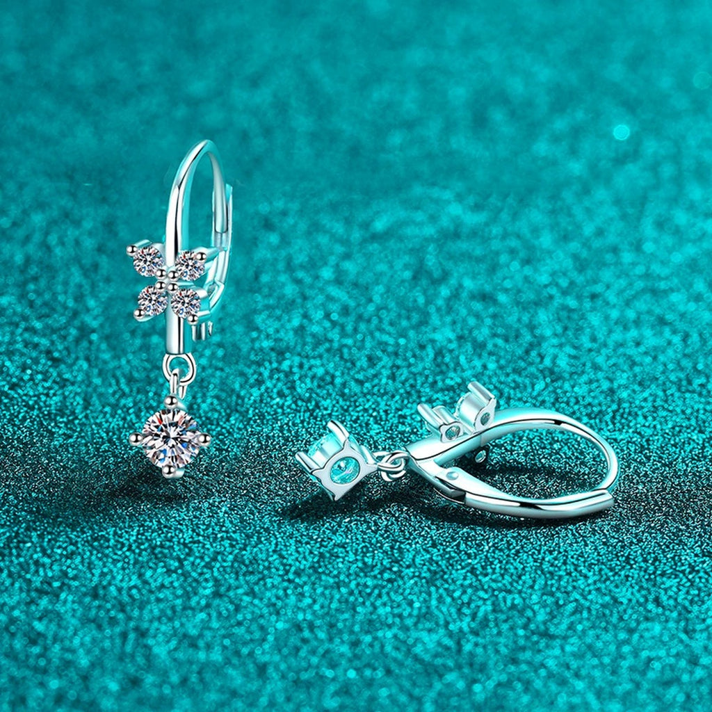 Star Moissanite Hook Dangle Earrings in Rhodium-Plated S925 sterling silver product scene view showing side profile