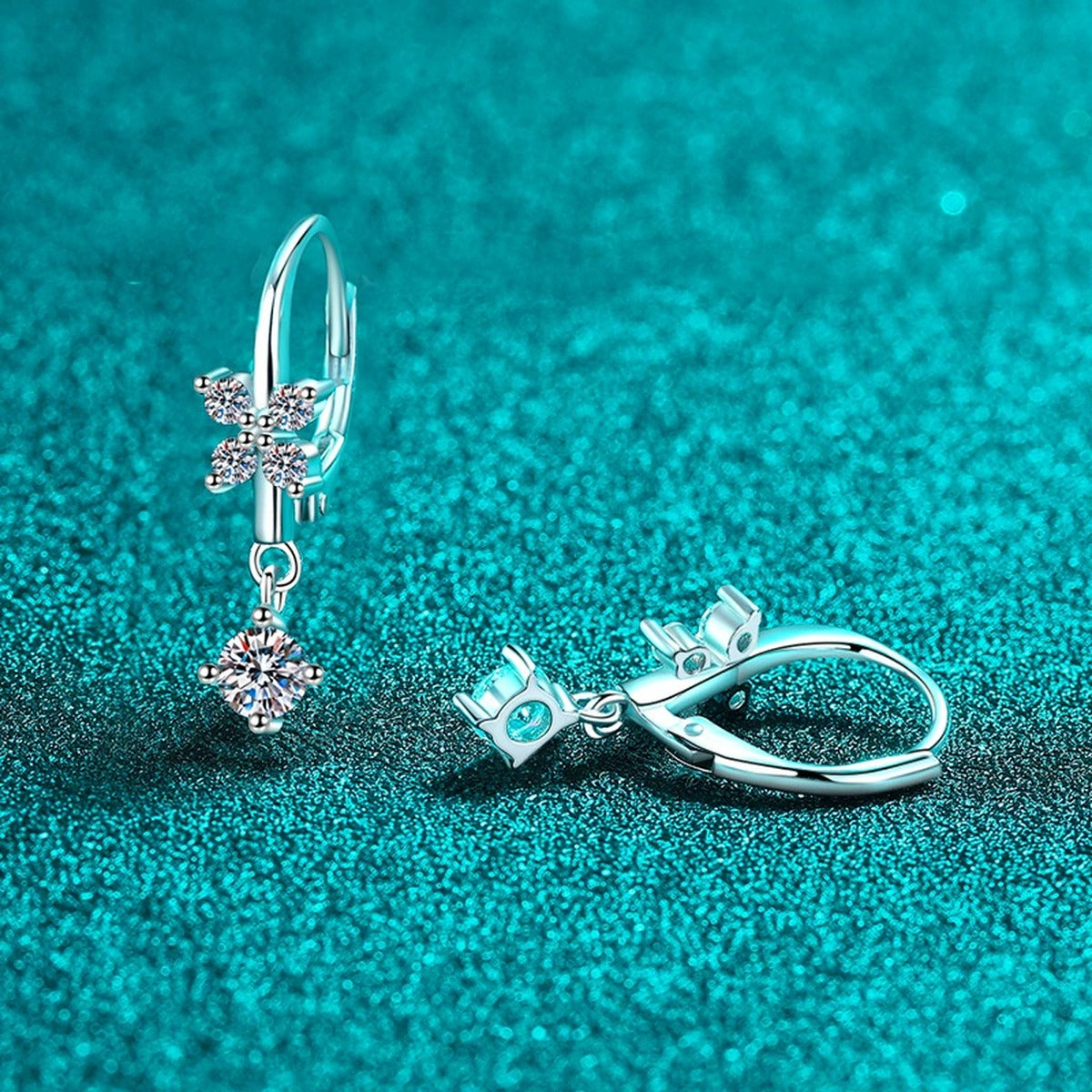 Star Moissanite Hook Dangle Earrings in Rhodium-Plated S925 sterling silver product scene view showing side profile