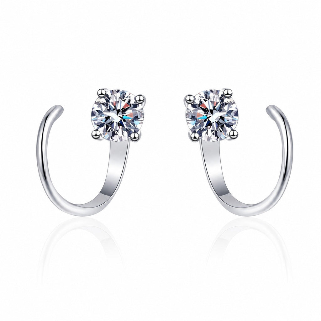 Round Moissanite Hook Ear Cuff Earrings in Rhodium-Plated S925 sterling silver white background product photo showing the pair, stone shape, and hook ear cuff earrings silhouette
