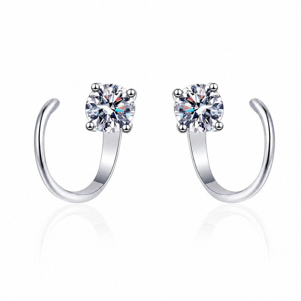 Round Moissanite Hook Ear Cuff Earrings in Rhodium-Plated S925 sterling silver white background product photo showing the pair, stone shape, and hook ear cuff earrings silhouette