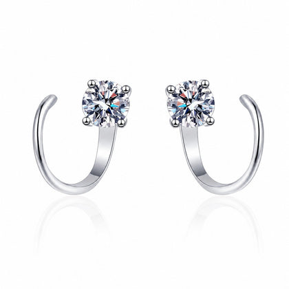 Round Moissanite Hook Ear Cuff Earrings in Rhodium-Plated S925 sterling silver white background product photo showing the pair, stone shape, and hook ear cuff earrings silhouette