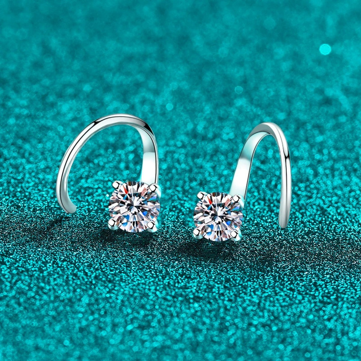 Round Moissanite Hook Ear Cuff Earrings in Rhodium-Plated S925 sterling silver product scene view showing front sparkle