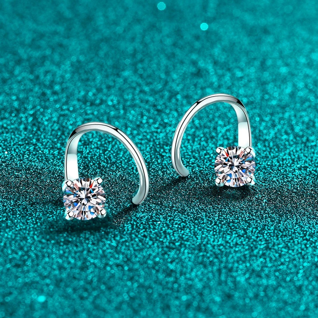 Round Moissanite Hook Ear Cuff Earrings in Rhodium-Plated S925 sterling silver product scene view showing angled setting detail