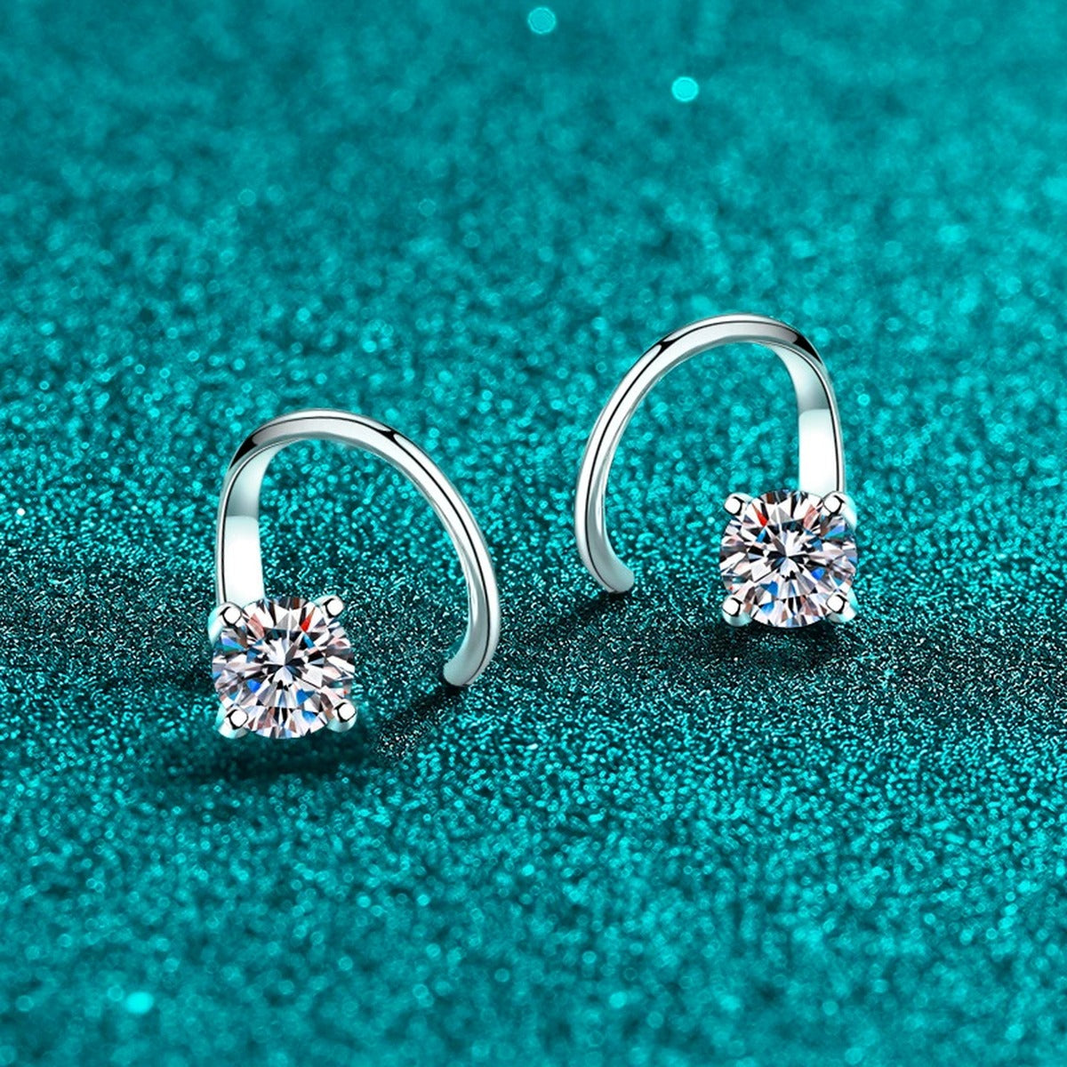 Round Moissanite Hook Ear Cuff Earrings in Rhodium-Plated S925 sterling silver product scene view showing angled setting detail