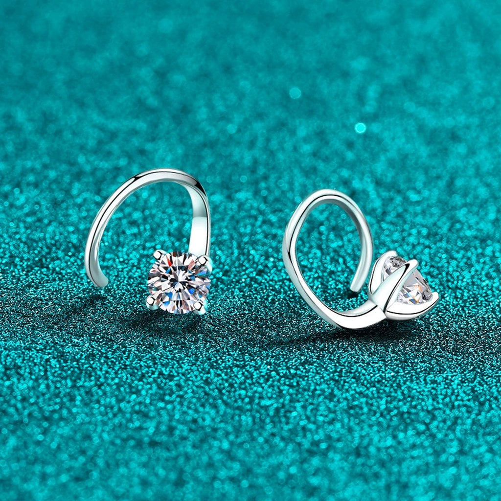 Round Moissanite Hook Ear Cuff Earrings in Rhodium-Plated S925 sterling silver product scene view showing side profile