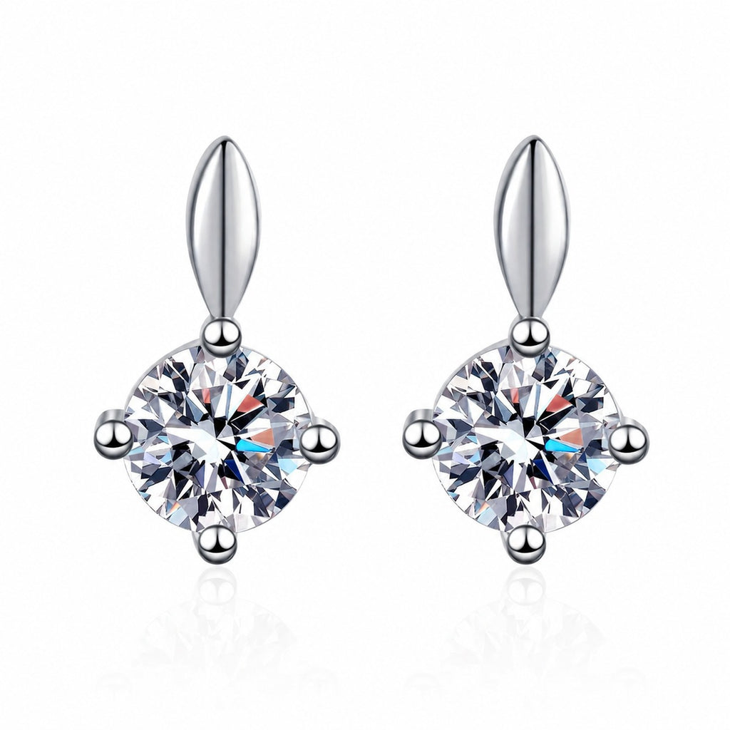 Round Moissanite Stud Drop Earrings in Rhodium-Plated S925 sterling silver white background product photo showing the pair, stone shape, and stud earrings silhouette