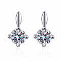 Round Moissanite Stud Drop Earrings in Rhodium-Plated S925 sterling silver white background product photo showing the pair, stone shape, and stud earrings silhouette