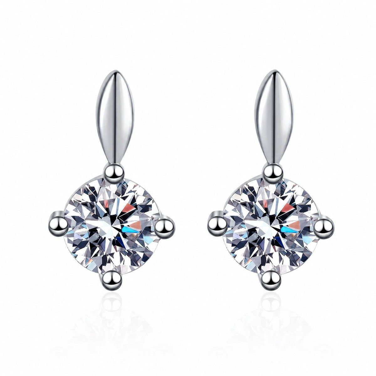 Round Moissanite Stud Drop Earrings in Rhodium-Plated S925 sterling silver white background product photo showing the pair, stone shape, and stud earrings silhouette
