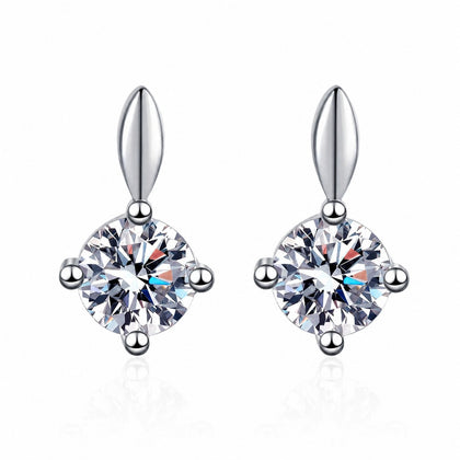 Round Moissanite Stud Drop Earrings in Rhodium-Plated S925 sterling silver white background product photo showing the pair, stone shape, and stud earrings silhouette