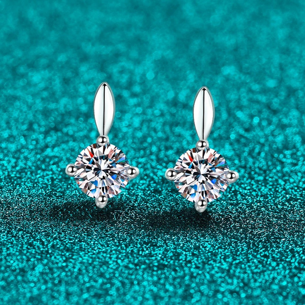 Round Moissanite Stud Drop Earrings in Rhodium-Plated S925 sterling silver product scene view showing front sparkle