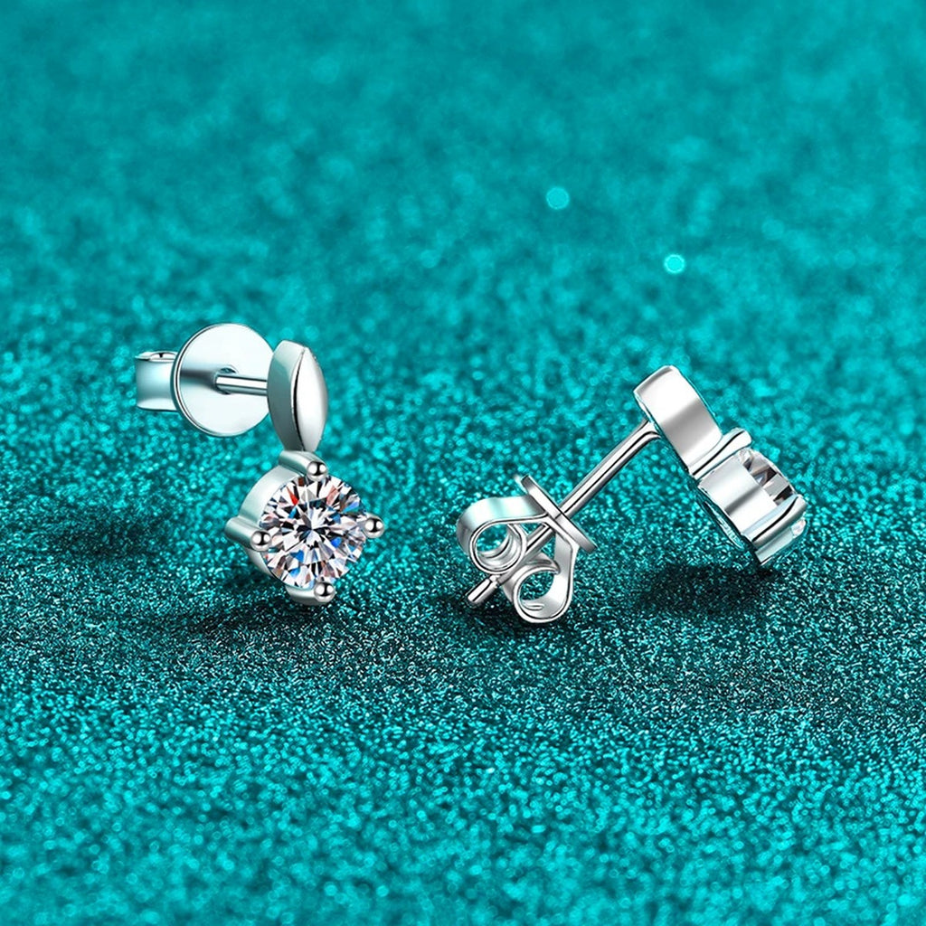 Round Moissanite Stud Drop Earrings in Rhodium-Plated S925 sterling silver product scene view showing angled setting detail