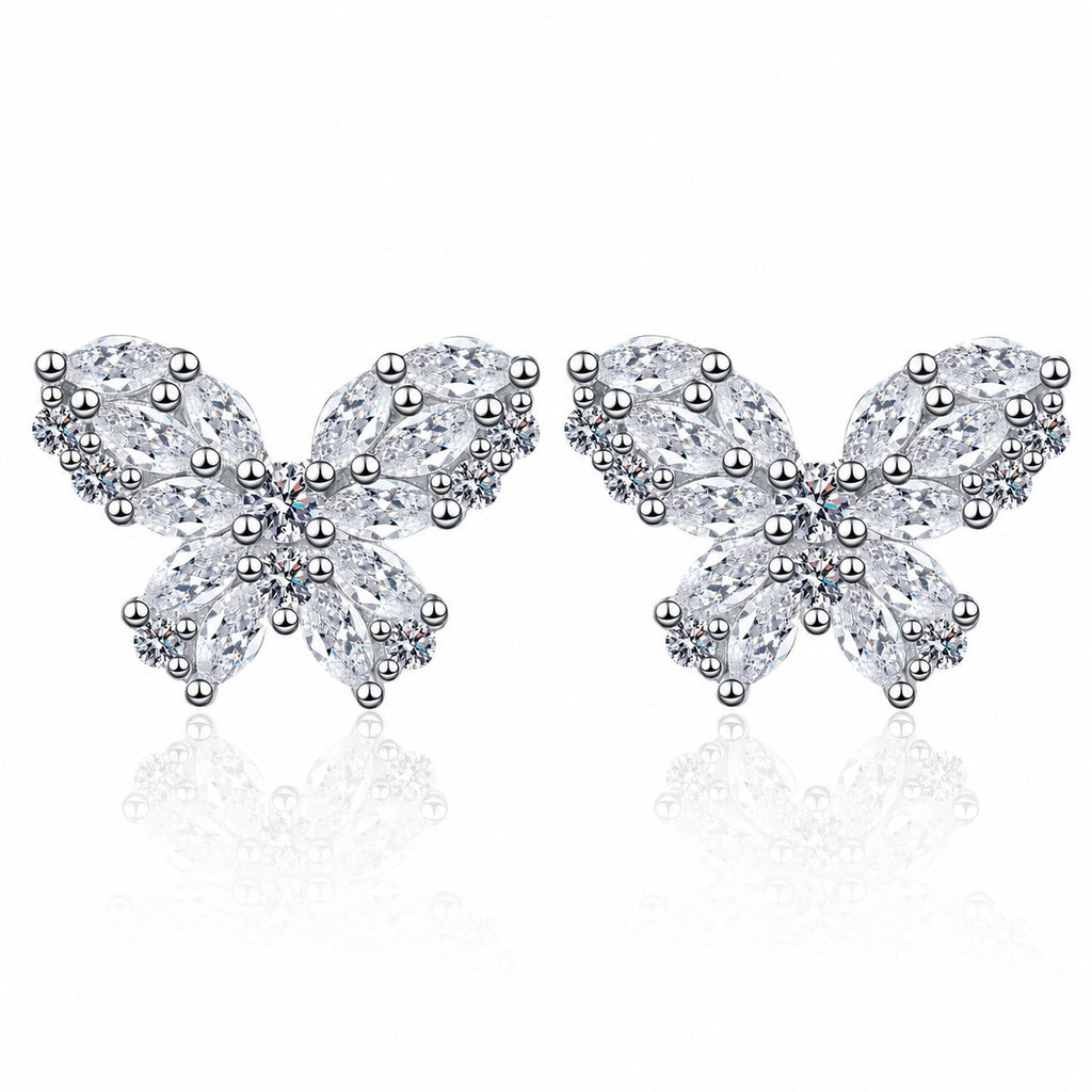 Butterfly Moissanite Stud Earrings in Rhodium-Plated S925 sterling silver white background product photo showing the pair, stone shape, and stud earrings silhouette