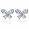 Butterfly Moissanite Stud Earrings in Rhodium-Plated S925 sterling silver white background product photo showing the pair, stone shape, and stud earrings silhouette