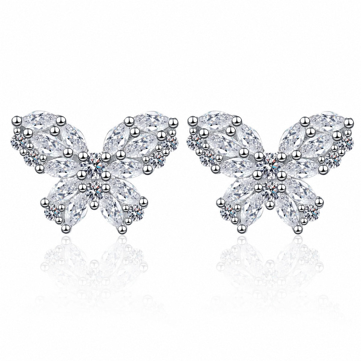 Butterfly Moissanite Stud Earrings in Rhodium-Plated S925 sterling silver white background product photo showing the pair, stone shape, and stud earrings silhouette