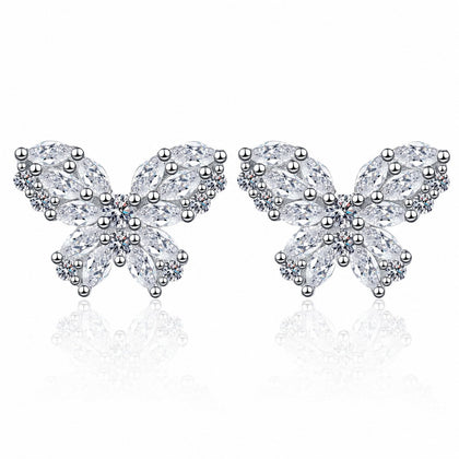 Butterfly Moissanite Stud Earrings in Rhodium-Plated S925 sterling silver white background product photo showing the pair, stone shape, and stud earrings silhouette