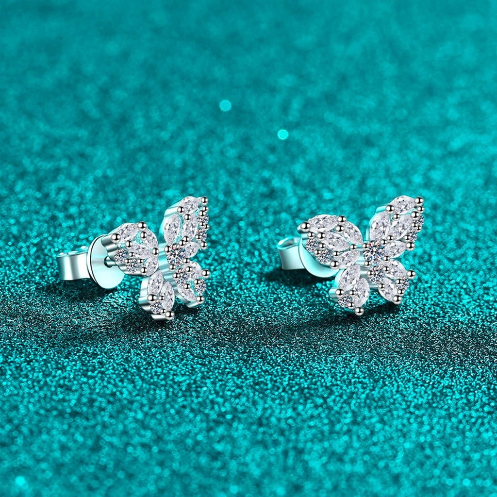 Butterfly Moissanite Stud Earrings in Rhodium-Plated S925 sterling silver product scene view showing side profile