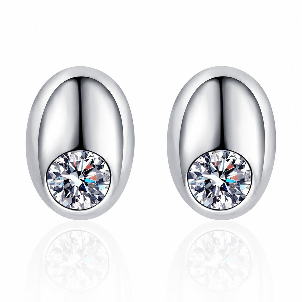 Round Moissanite Oval Stud Earrings in Rhodium-Plated S925 sterling silver white background product photo showing the pair, stone shape, and stud earrings silhouette