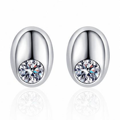 Round Moissanite Oval Stud Earrings in Rhodium-Plated S925 sterling silver white background product photo showing the pair, stone shape, and stud earrings silhouette